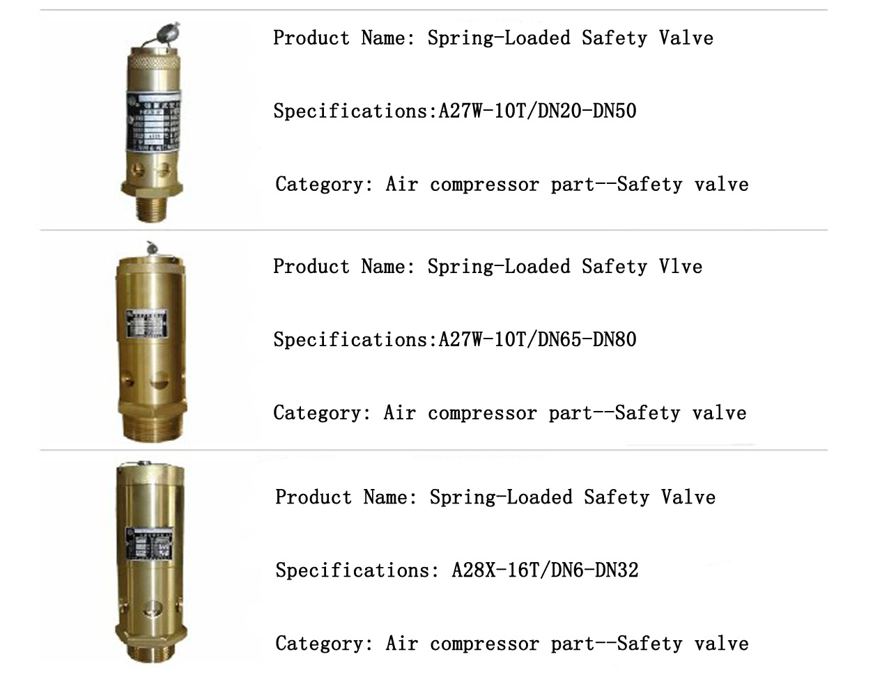 Dn60 Spring Loaded Safety Valve for Brass Valve Air Compressor Part