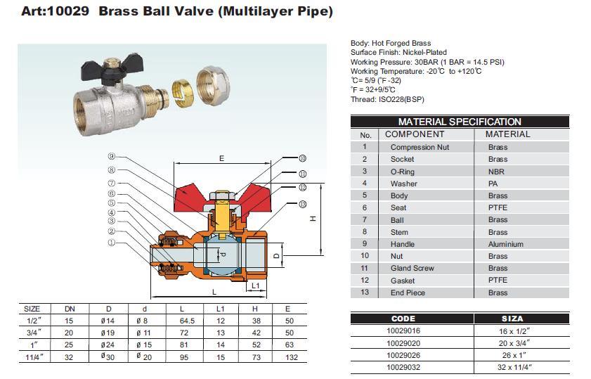 Brass Ball Valve (Multilayer Pipe) (ISO900, SGS, CE)