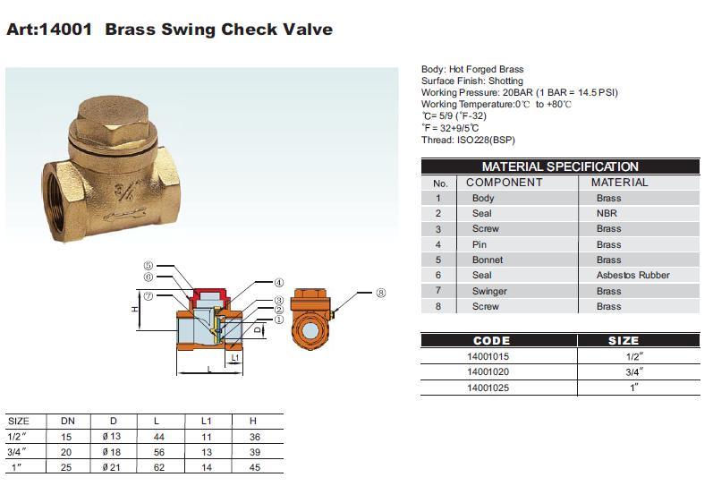 Brass Swing Check Valve (14001)(ISO9000, CE, SGS)