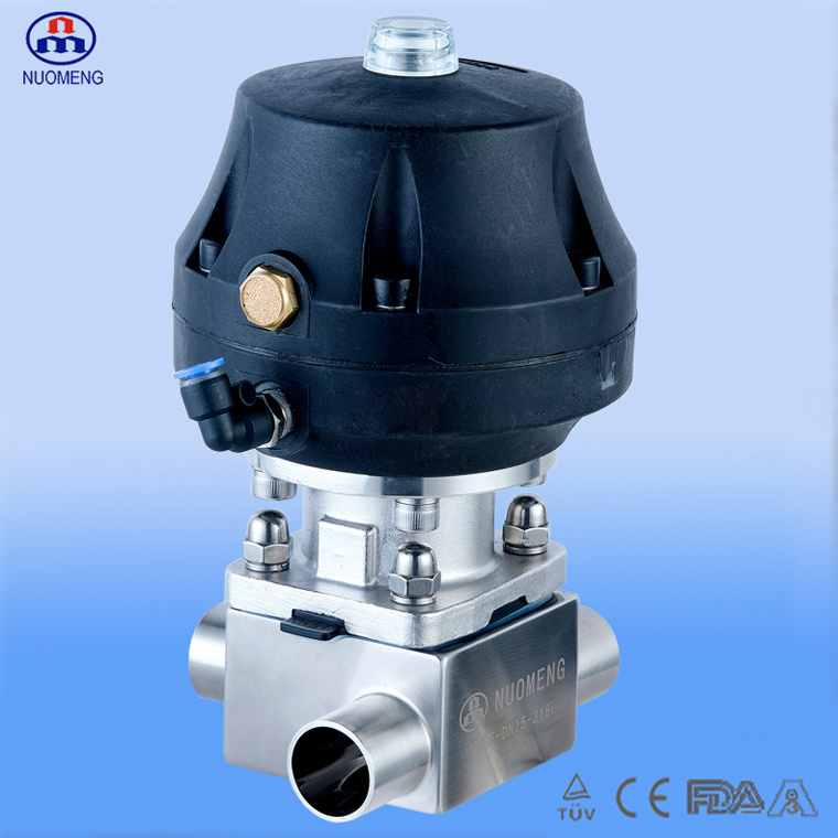 Sanitary Stainless Steel Forge Three-Way Welded Diaphragm Valve with Plastic Pneumatic Actuator