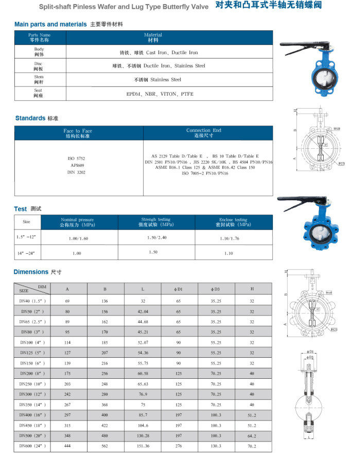 Split-Shaft Pinless Wafer and Lug Type Butterfly Valve