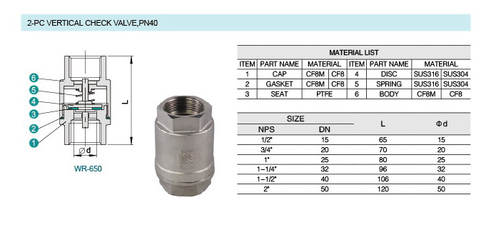 Stainless Steel 2-PC Vertical Check Valve, Pn40 (MSIV013)